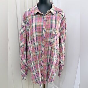 Easel Plaid Button Down Shirt Pink Oversized Frayed Hem Boho 2X